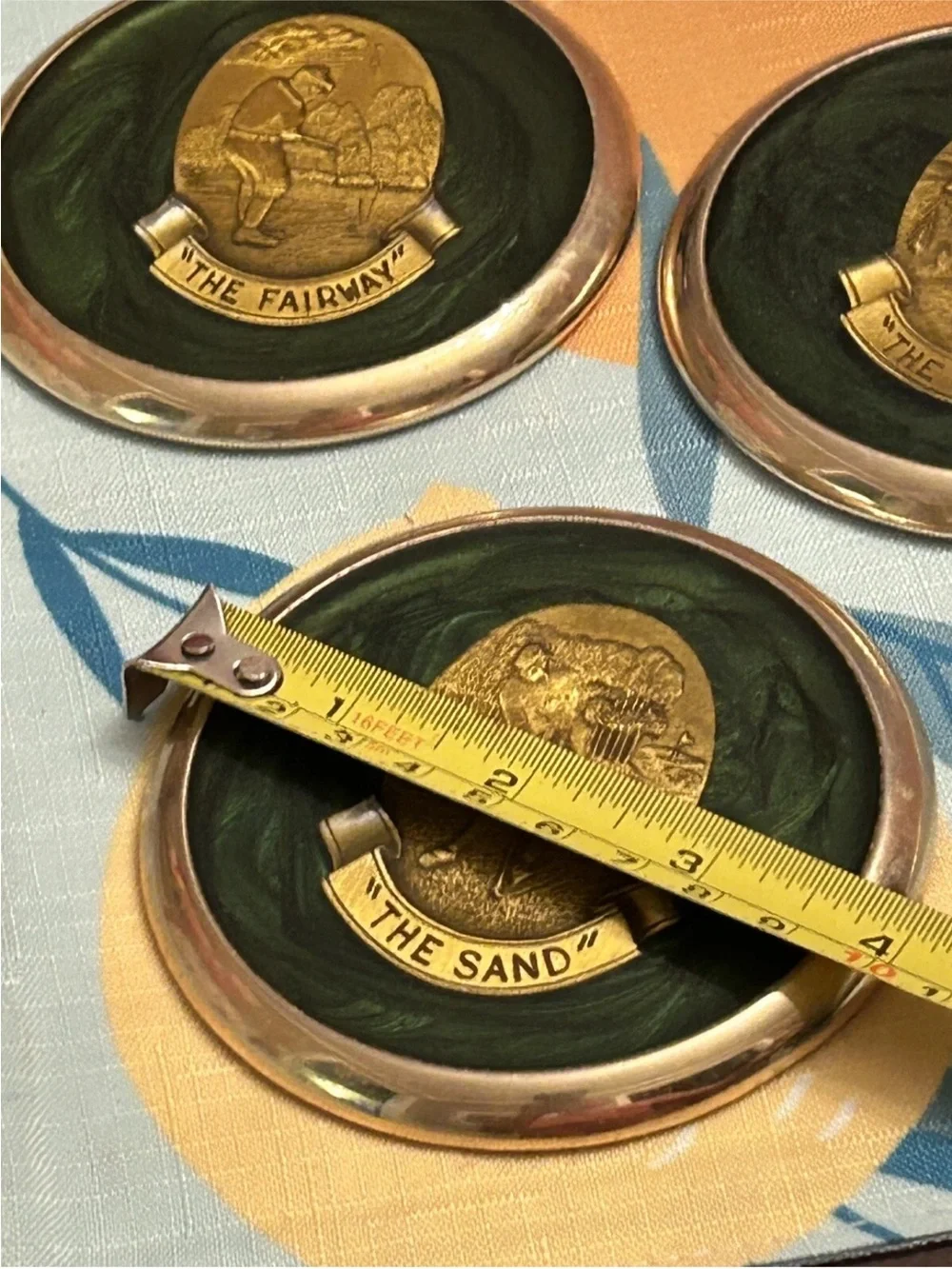 Golf Coasters Brass Medallion Set Heavy Green Marbled 4 Drive Fairway Sand Putt